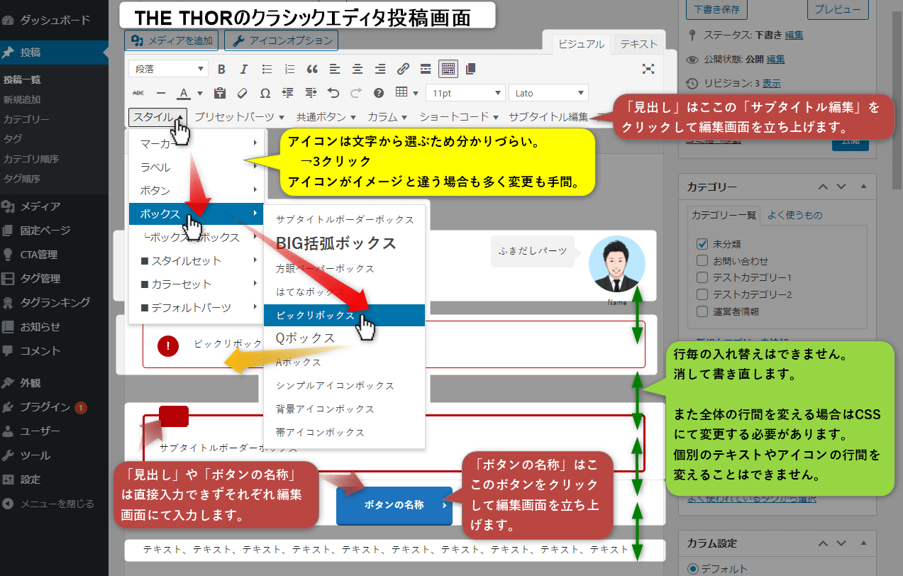 THE THORのクラシックエディタ投稿画面