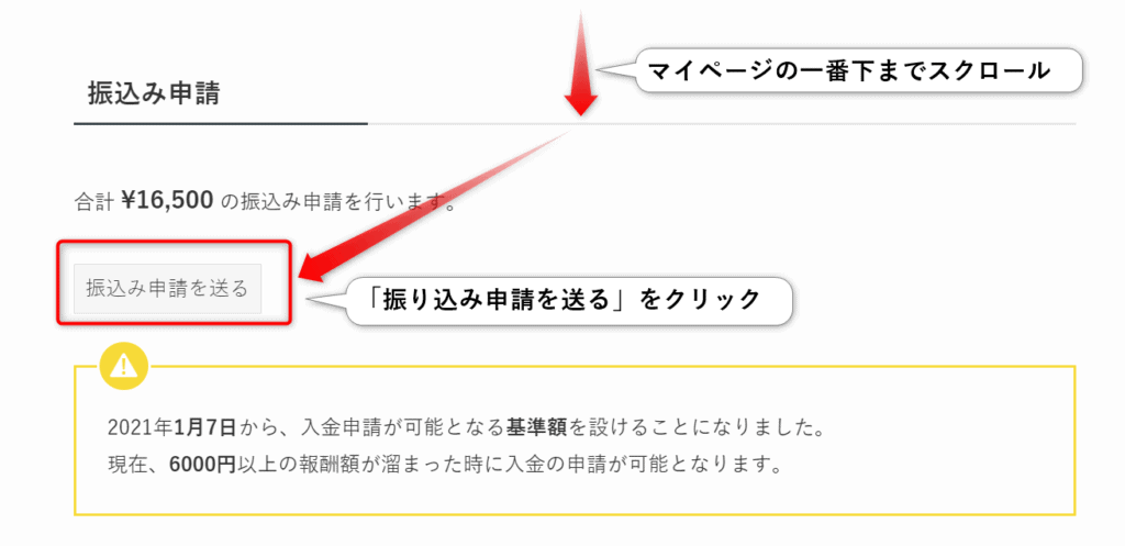 SWELLアフィリエイトリンクで発生した報奨金の申請画面