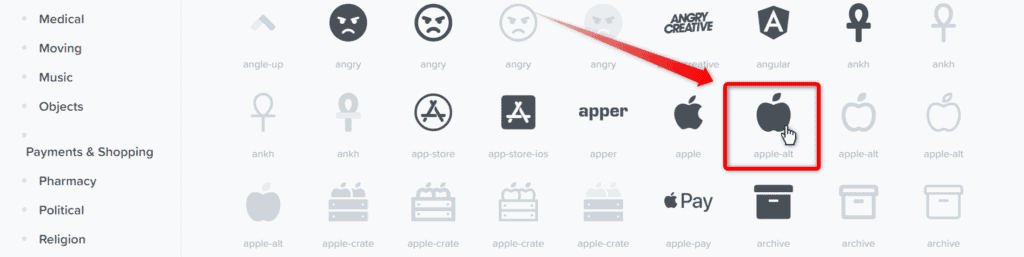 Font Awesomeのアイコン一覧からりんごアイコンを選択
