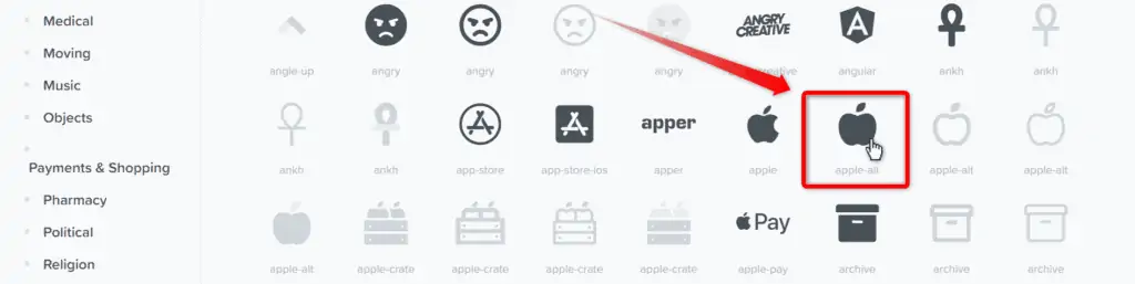 Font Awesomeのアイコン一覧からりんごアイコンを選択