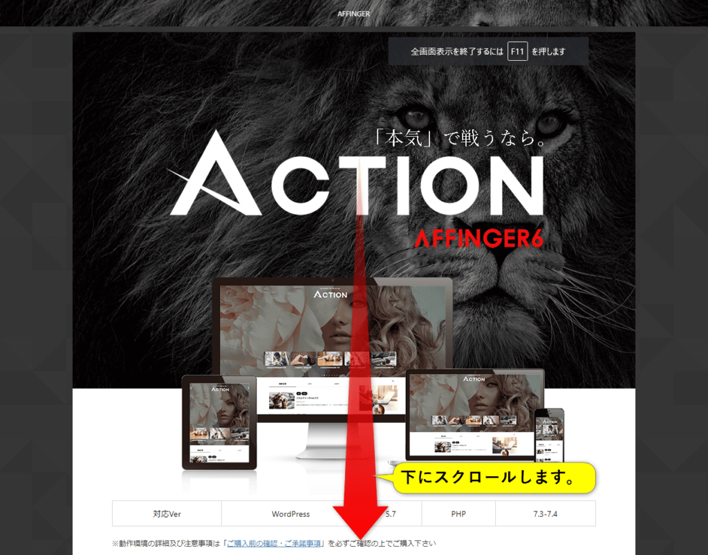 AFFINGER6公式サイトにアクセスして下にスクロールする画面